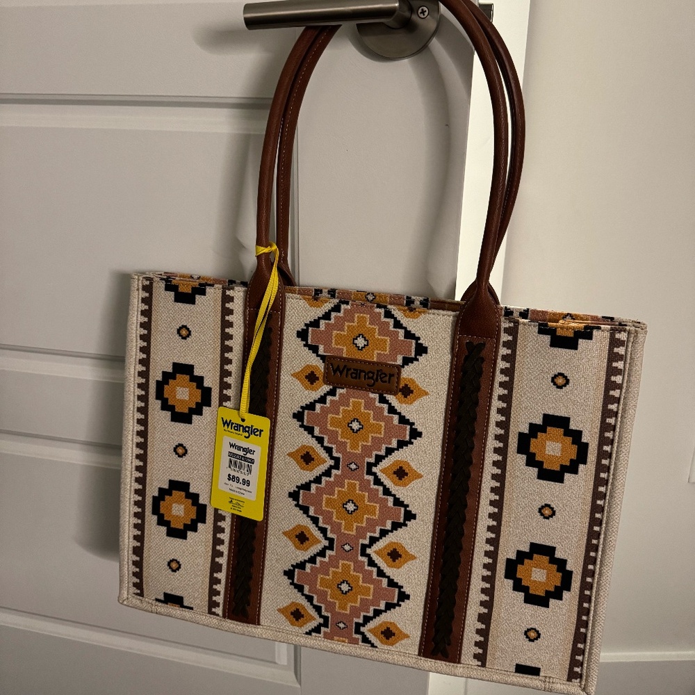 Wrangler Geometric Tote Bag – Brown & Cream, Leather Handles, Boho Crossbody